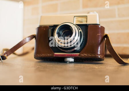 vintage compact camera cover brown leather case Stock Photo