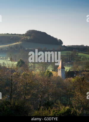 Postling Church at dawn; An English countryside scene in the Kent Downs. Stock Photo