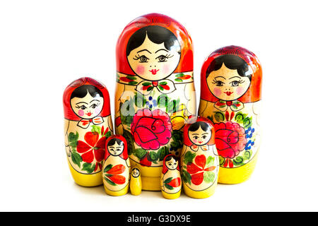 Traditional Russian matryoshka dolls isolated on a white background. Stock Photo