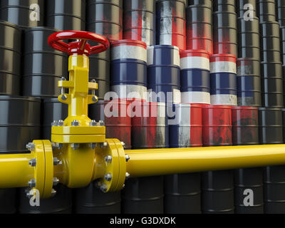 Oil pipe line valve in front of the flag of Norway on the oil barrels. Norwegian gas and oil fuel energy concept. 3d illustratio Stock Photo