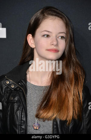 LOS ANGELES, CA - FEBRUARY 10, 2016: Actress Mackenzie Foy arriving at the Saint Laurent at the Palladium fashion show at the Hollywood Palladium. Stock Photo