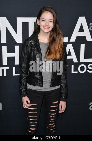 LOS ANGELES, CA - FEBRUARY 10, 2016: Actress Mackenzie Foy arriving at the Saint Laurent at the Palladium fashion show at the Hollywood Palladium. Stock Photo