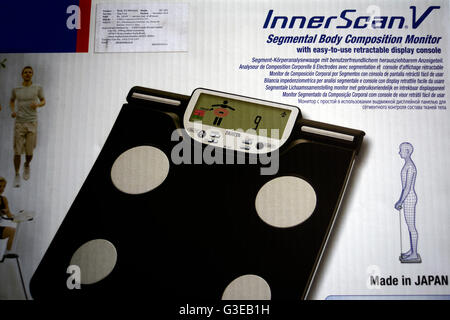 Smart scales with bioelectric impedance analysis, BIA, measuring body fat,  on the background of blurry female legs Stock Photo - Alamy