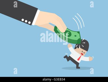 Big hand hit businessman head by dollars banknote, bribe, bribery, corruption concept Stock Vector