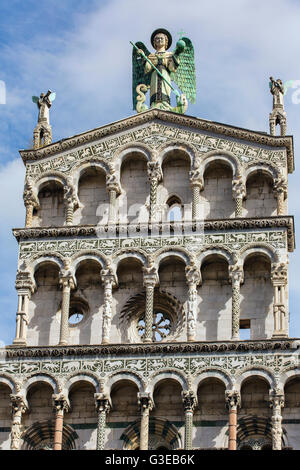 Detail exterior view of Lucca Cathedral (Duomo di Lucca, Cattedrale di San Martino) is a Roman Catholic cathedral dedicated to S Stock Photo