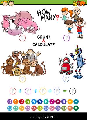 Cartoon Illustration of Educational Mathematical Count and Calculate Activity Game for Preschool Children Stock Vector