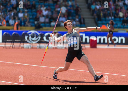 Diamond League Birmingham UK. 5th June 2016. Australian athlete Kathryn Mitchell competes in the javelin throw. Stock Photo