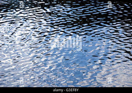Colourful black, white and blue ripples and reflections of sky, clouds and shadows on water Stock Photo