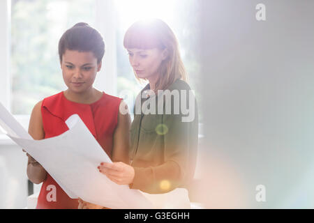 Female architects reviewing blueprints in office Stock Photo