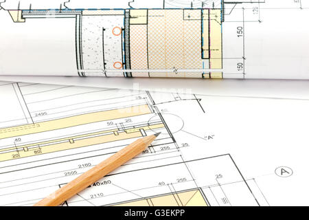part of architectural project, construction plan on desk Stock Photo