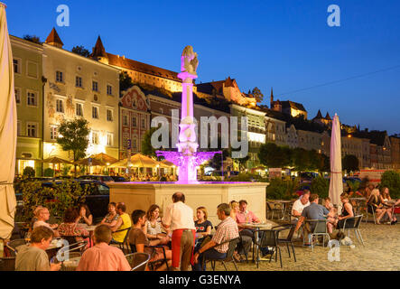 square Stadtplatz, fountain Löwenbrunnen, castle, Germany, Bayern, Bavaria, Oberbayern, Upper Bavaria, Burghausen Stock Photo