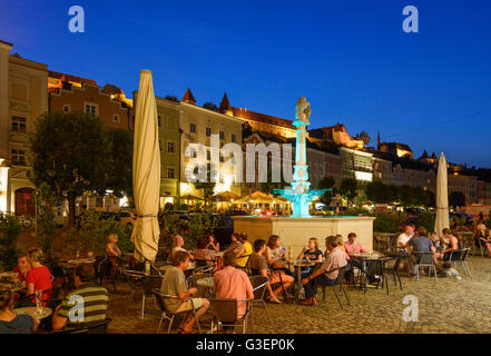 square Stadtplatz, fountain Löwenbrunnen, castle, Germany, Bayern, Bavaria, Oberbayern, Upper Bavaria, Burghausen Stock Photo