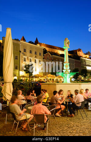 square Stadtplatz, fountain Löwenbrunnen, castle, Germany, Bayern, Bavaria, Oberbayern, Upper Bavaria, Burghausen Stock Photo