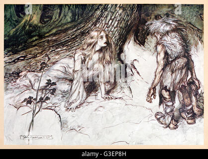 “Mime finds the mother of Siegried in the forest” from 'Siegfried & The Twilight of the Gods' illustrated by Arthur Rackham (1867-1939). See description for more information. Stock Photo