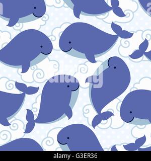 Seamless pattern with cute cartoon whale in clouds. Stock Vector