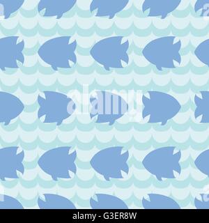 Seamless pattern with fish silhouettes on blue wave background. Stock Vector