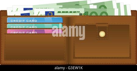 Open wallet with euro banknotes and credit cards. Vector illustration.. Stock Vector