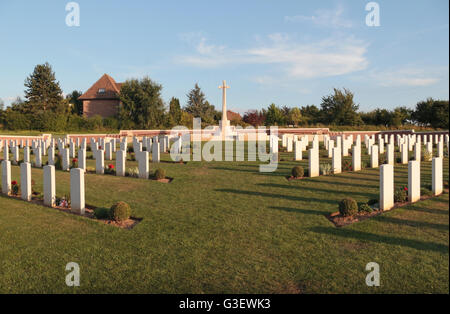 Headstones in the CWGC Fromelles (Pheasant Wood) Military Cemetery, Fromelles, Nord, France. Stock Photo