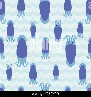 Seamless pattern with flock of cute cartoon squids. Stock Vector