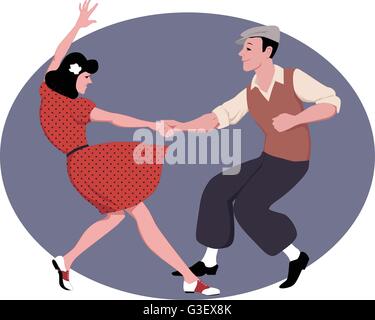 Young couple dressed in late 1940s style clothes dancing lindy hop, vector illustration Stock Vector