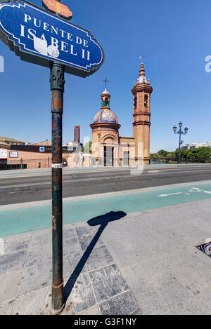 View on the chapel El Carmen, Isabel II bridge, river, Guadalquivir, Seville, Andalusia, Spain, Europe Stock Photo
