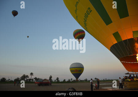 Hot air ballooning over the world's largest open air museum at Luxor, Egypt. Stock Photo