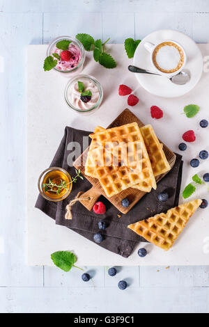 Breakfast with belgian waffles Stock Photo