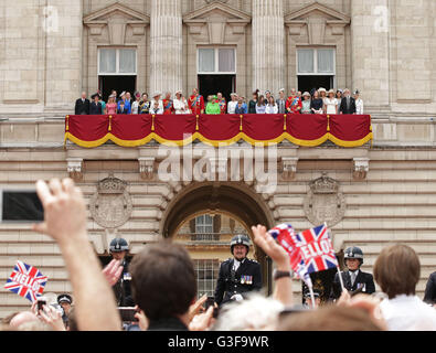 Members of the Royal Family watching the flypast from the balcony of Buckingham Palace, during the Trooping the Colour ceremony to mark the Queen's official 90th birthday, in central London. Stock Photo