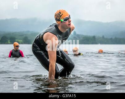 Swimmers take part in the Great North Swim on Lake Windermere in Cumbria. Stock Photo