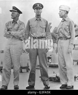 Admiral E.J. King, center, Admiral Chester Nimitz, left, and Admiral R.A. Spruance, right. Stock Photo