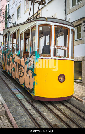 Romantic yellow tramway - main symbol of Lisbon, Portugal Stock Photo