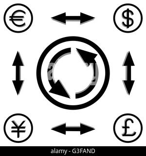 Black and white vector illustration of currency conversion of the four major international currency Stock Vector