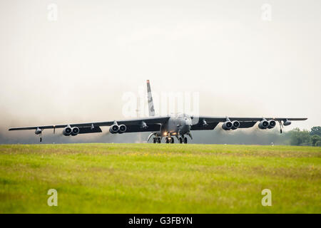 A United States Air Force (USAF) Boeing B-52H Stratofortress strategic bomber of the 23d Bomb Squadron, takes off from RAF Fairford airbase heading to Northern Europe on a NATO exercise, as part of a US Air Force Global Strike Command deployment to Fairford, for military training exercises. Stock Photo