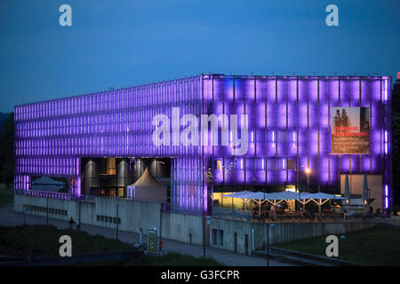 Linz Austria; Lentos Art Museum with Shore of Linz Urfahr on the Danube ...