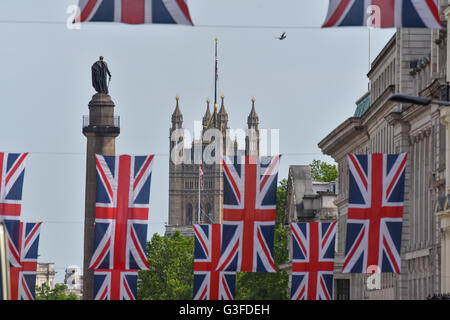 London, UK. 10th June 2016. The Queen's 90th Birthday celebrations: Union Jack flags on Regent Street ahead of the celebrations Stock Photo