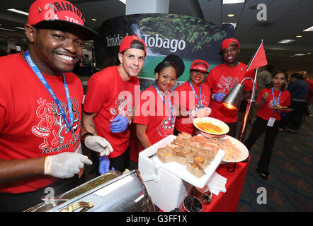 Miami, Florida, USA. 9th June, 2016. Members of Team Trinidad & Tobago pose at the Caribbean Festival during the 5-day Taste of the Caribbean Culinary Showcase presented by the Caribbean Hotel & Tourism Association at Hyatt Regency Miami on June 9, 2016 in Miami, USA. Credit:  SEAN DRAKES/Alamy Live News Stock Photo