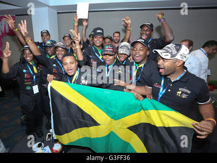 Miami, Florida, USA. 9th June, 2016. Team Jamaica celebrates winning the Most Tasteful bite title at the Caribbean Festival during the 5-day Taste of the Caribbean Culinary Showcase presented by the Caribbean Hotel & Tourism Association at Hyatt Regency Miami on June 9, 2016 in Miami, USA. Credit:  SEAN DRAKES/Alamy Live News Stock Photo