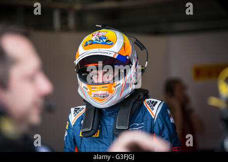 Northamptonshire, UK. 11th June, 2016.  Paul McNeilly waiting to go out in his #48 Fox Motorsport Ginetta G55 GT4 Credit:  steven roe/Alamy Live News Stock Photo