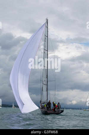 Geneva, Switzerland. 11th June, 2016. A boat races during the 78th edition of the Bol D'or sailing regatta in Geneva, Switzerland, on June 11, 2016. About 520 boats participated in this weekend's Bol d'Or in Lake Geneva. Credit:  Xu Jinquan/Xinhua/Alamy Live News Stock Photo