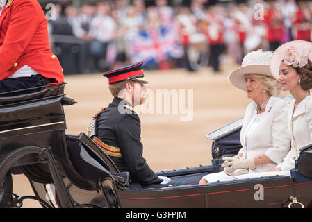 London, UK. 11th June, 2016.  HRH The Duchess of Cornwall, Prince Harry of Wales and HRH The Duchess of Cambridge arrive for the Queens Birthday parade Credit:  Ian Davidson/Alamy Live News Stock Photo