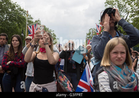 London, UK, 11th June, 2016. Crowds gather on The Mall for the RAF fly-past concluding this year's Trooping the Colour. This year's event marked the Queen's 90th birthday. Marc Gascoigne/Alamy Live News. Stock Photo