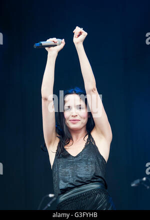 Andrea Corr of the Corrs performs on stage at the Isle of Wight Festival, in Seaclose Park, Newport, Isle of Wight. Stock Photo
