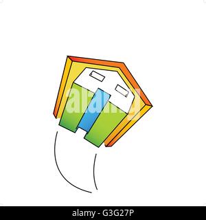 Flying colored house with a trail isolated on the white background. Stock Vector