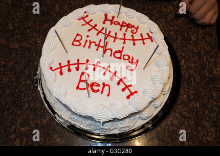 Decorated birthday cake for Ben in the form of a baseball. St Paul Minnesota MN USA Stock Photo