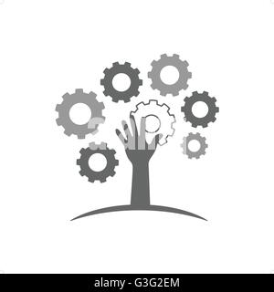 Hand on landscape like tree made of gear wheels vector illustration isolated on white background. Stock Vector