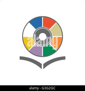 Music library with colored cd disc and open book vector illustration isolated on white background. Stock Vector
