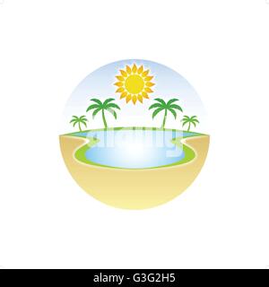 Oasis in the desert with water palm tree and sun vector illustration isolated on white background. Stock Vector