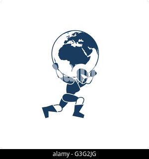 Blue robot holding a globe vector illustration isolated on white background. Stock Vector