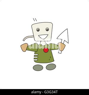 Cute cartoon style computer man fictional holding mouse pointer vector illustration isolated on white backgorund. Stock Vector