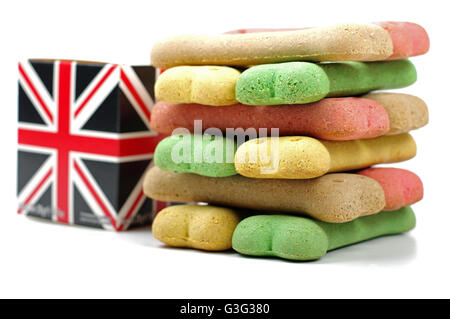 colored dog biscuits and a british flag box Stock Photo